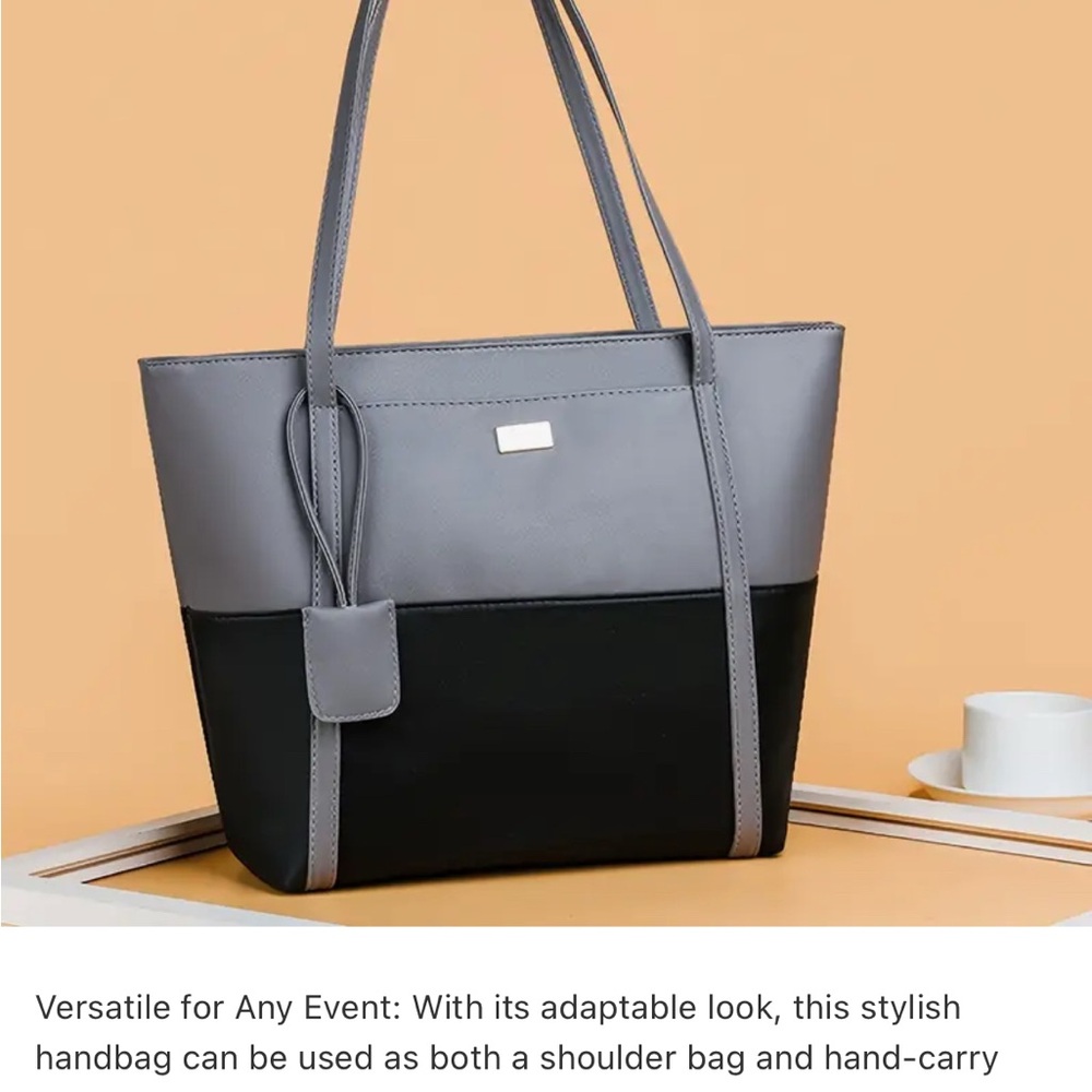 Two-Tone Gray & Black Structured Tote Bag with Pocket NIP - Picture 14 of 14